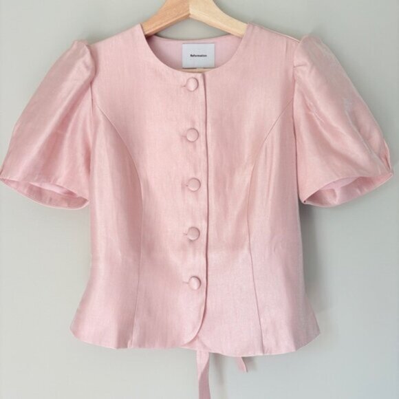 NEW Reformation Mika Two Piece Skirt Set Bubblegum Pink Sheen | US 2 UK 6 - Picture 7 of 15